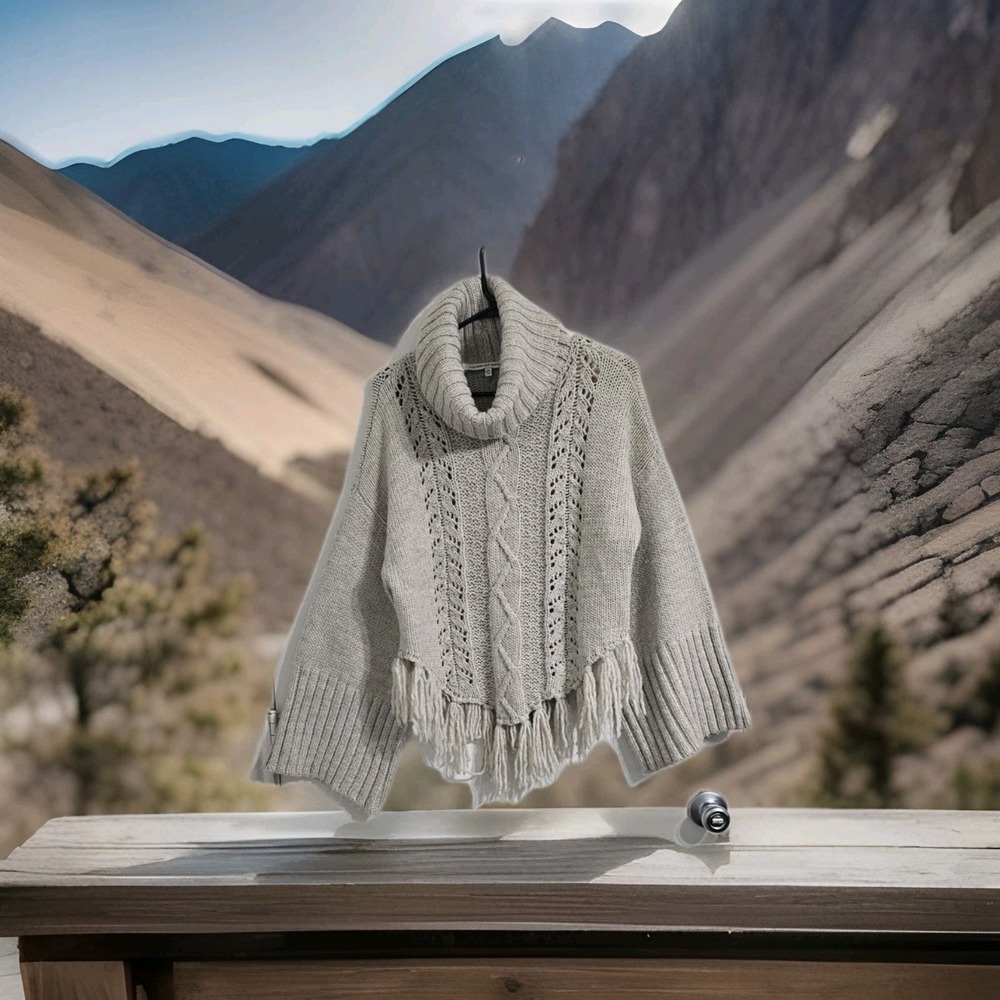 Cupcakes and Cashmere‎ Crotchet Knit Sweater Medium Ivory Mock Neck Fringe Style - Picture 2 of 7